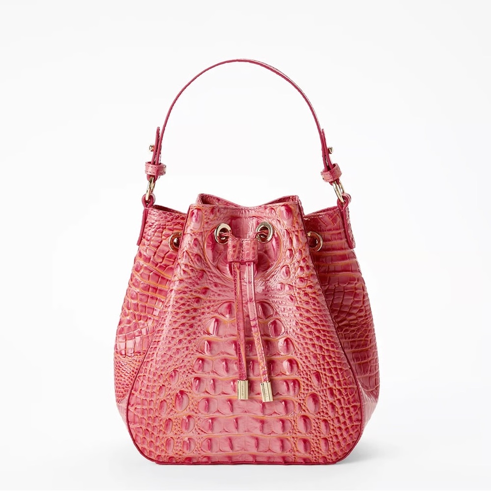 Brahmin Pink Croc-Embossed Drawstring Shoulder Bag